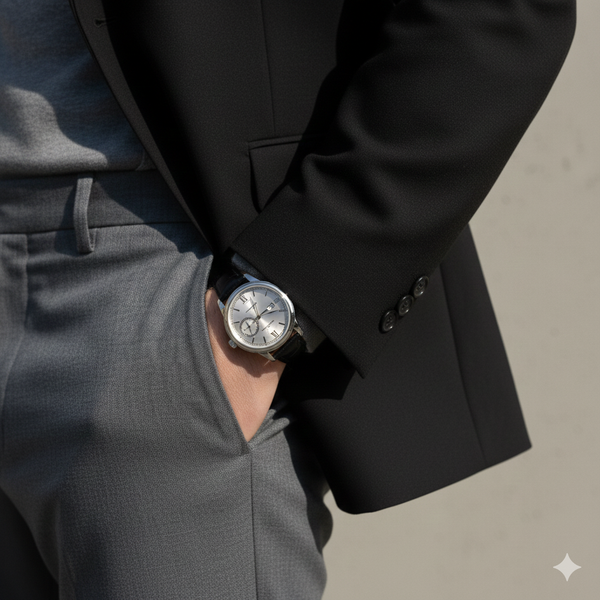 Person wearing a black suit with a watch on a neutral background