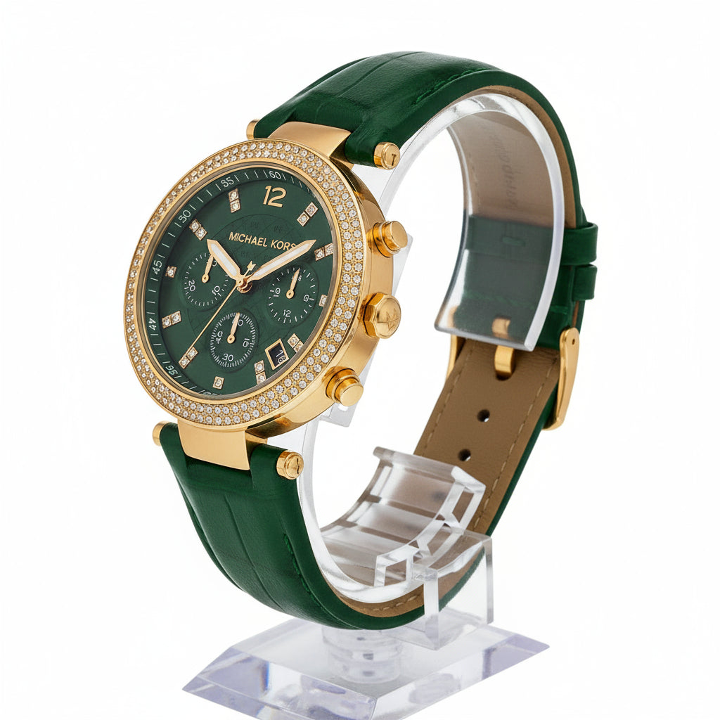 Michael Kors Oversized Parker Pavé Gold-Tone and Embossed Leather Watch💚✨⏱️