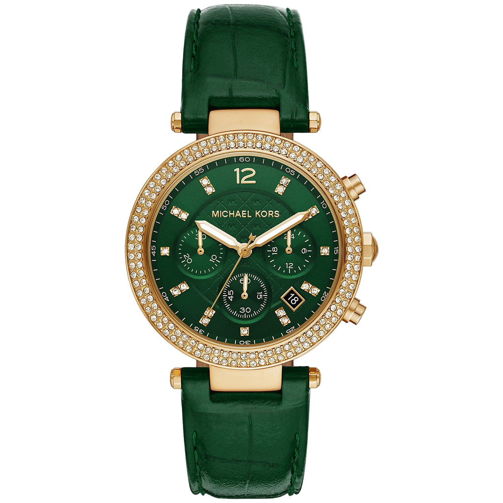 Michael Kors Oversized Parker Pavé Gold-Tone and Embossed Leather Watch💚✨⏱️