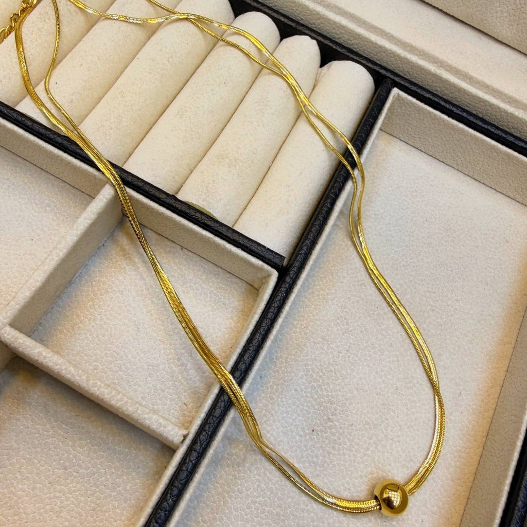 ✨ Double Layer Gold Snake Chain Necklace with Polished Bead Pendant 🟡