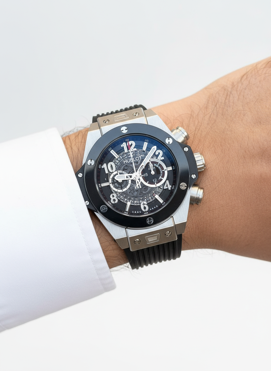 Hublot Men's Silver, Black & Gold Chronograph ⌚✨🖤