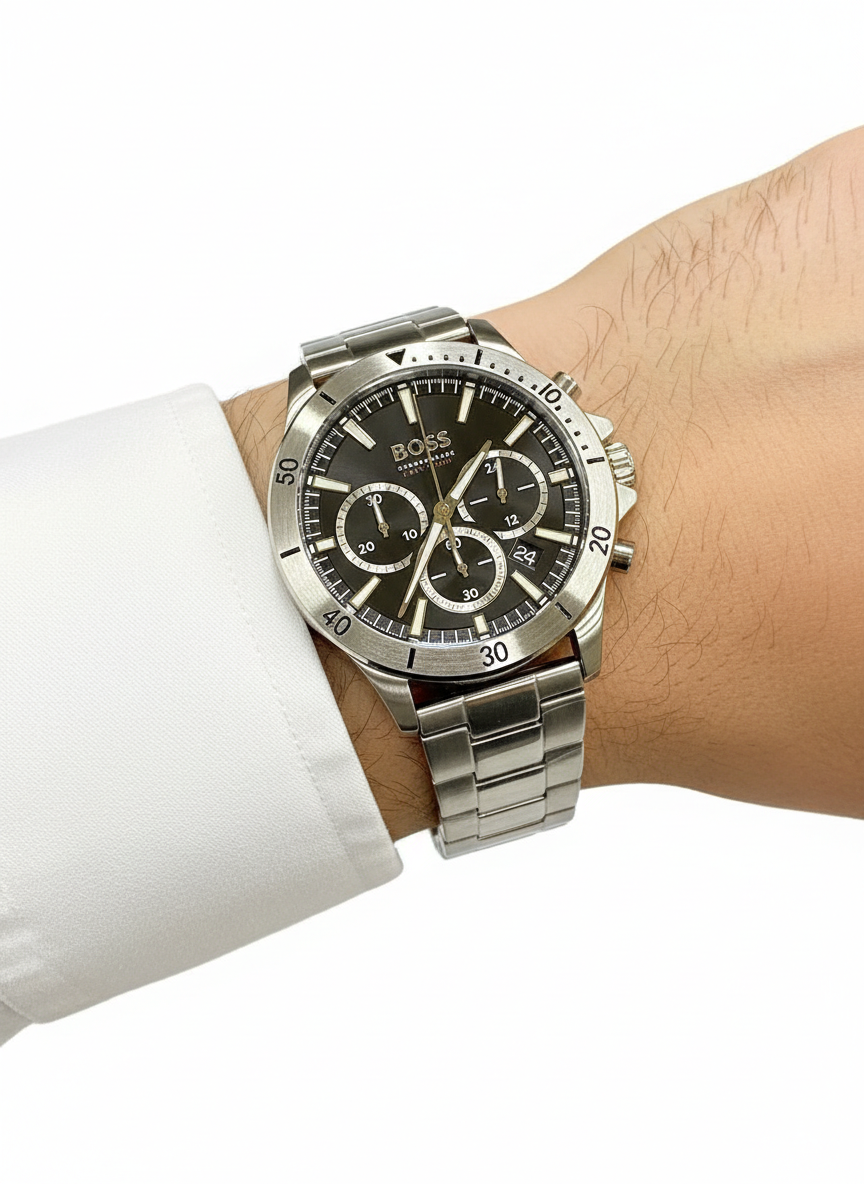 Boss Silver Stainless Steel Chronograph Watch ⌚⏱️