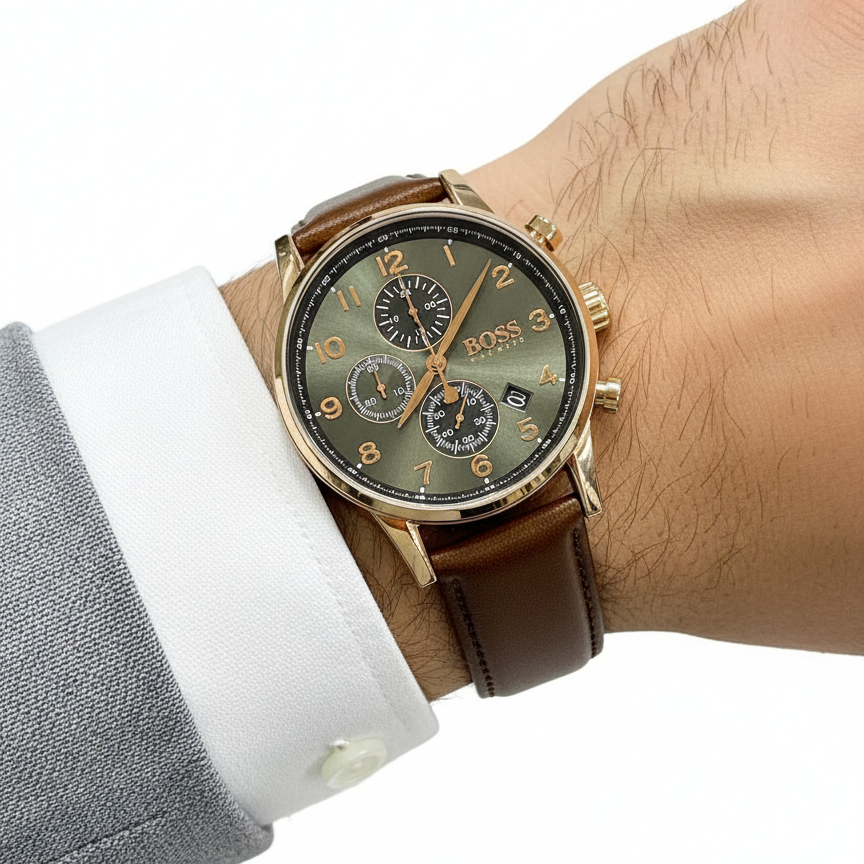 BOSS Men's Chronograph Watch with Olive Sunray Dial ⌚💼🌿