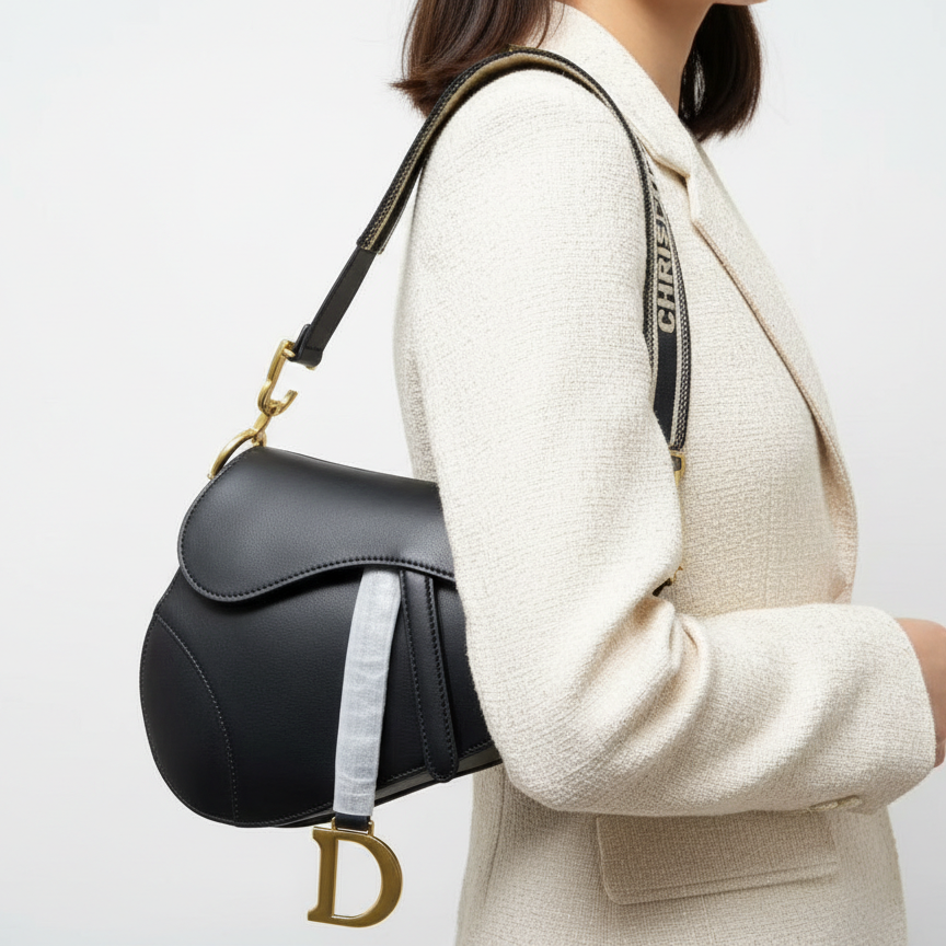 Christian Dior Black Leather Saddle Bag with Embroidered Canvas Strap 👜✨🖤