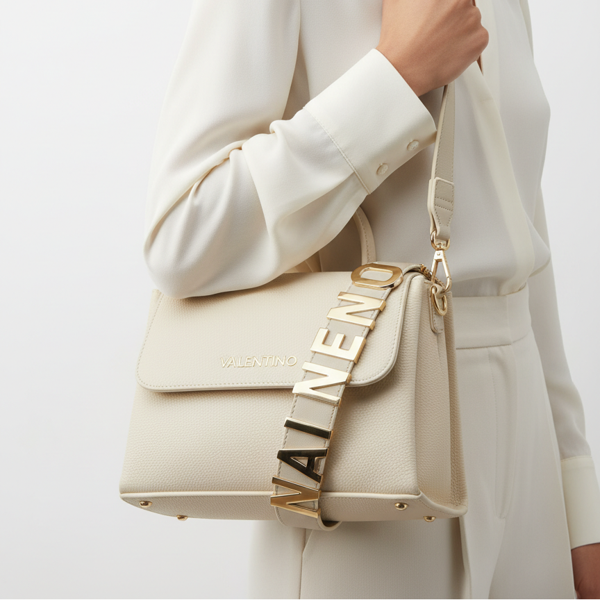 Valentino Garavani Cream Leather Shoulder Bag with Bold Logo Strap 👜✨🇮🇹