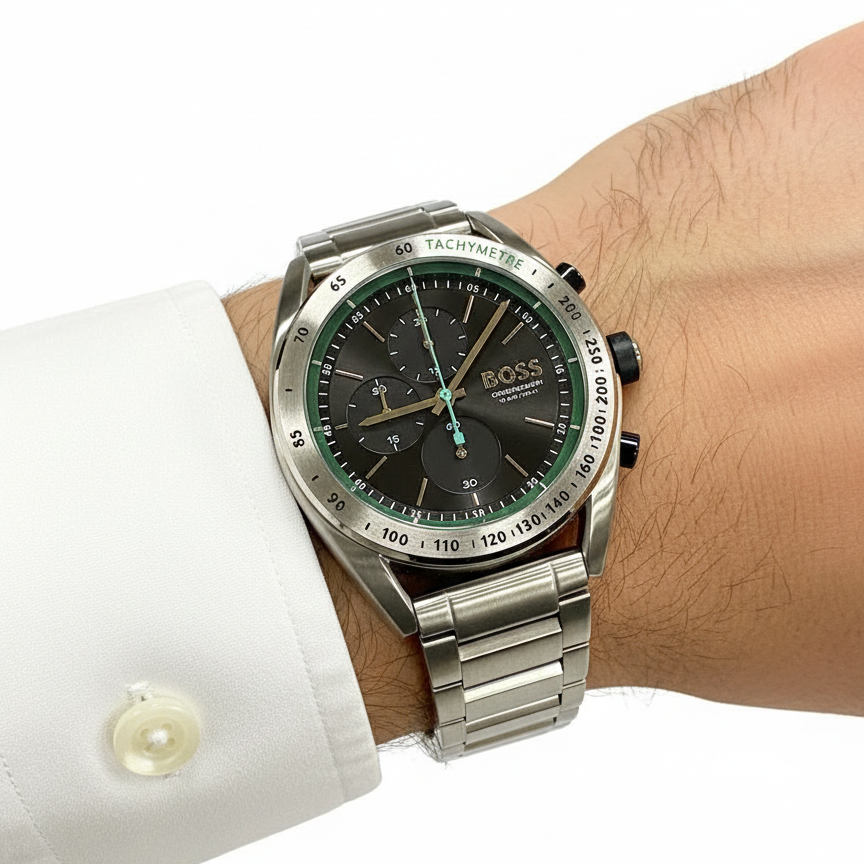 BOSS Men's Chronograph Watch with Emerald Green Accents ⌚️🟢✨