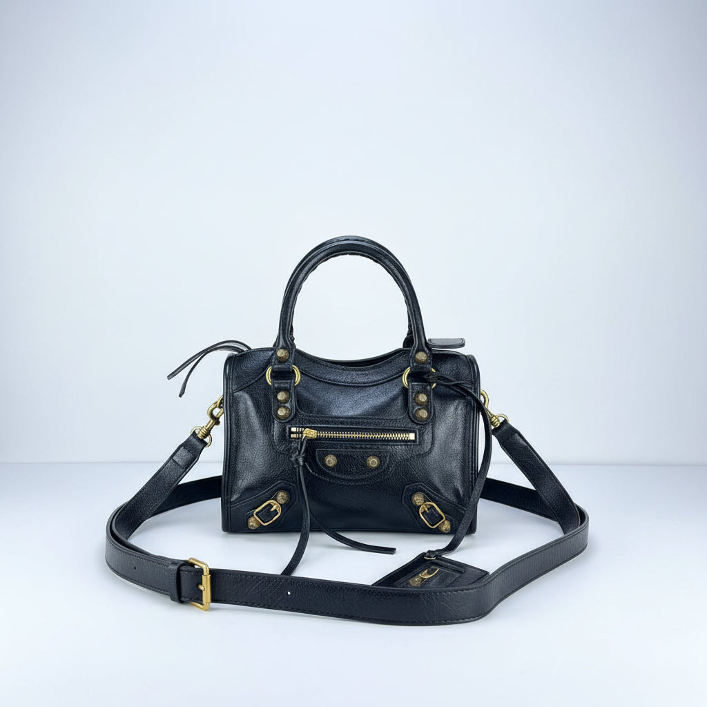 Balenciaga Le Cagole Black Leather Moto Bag with Gold Hardware 🖤👜