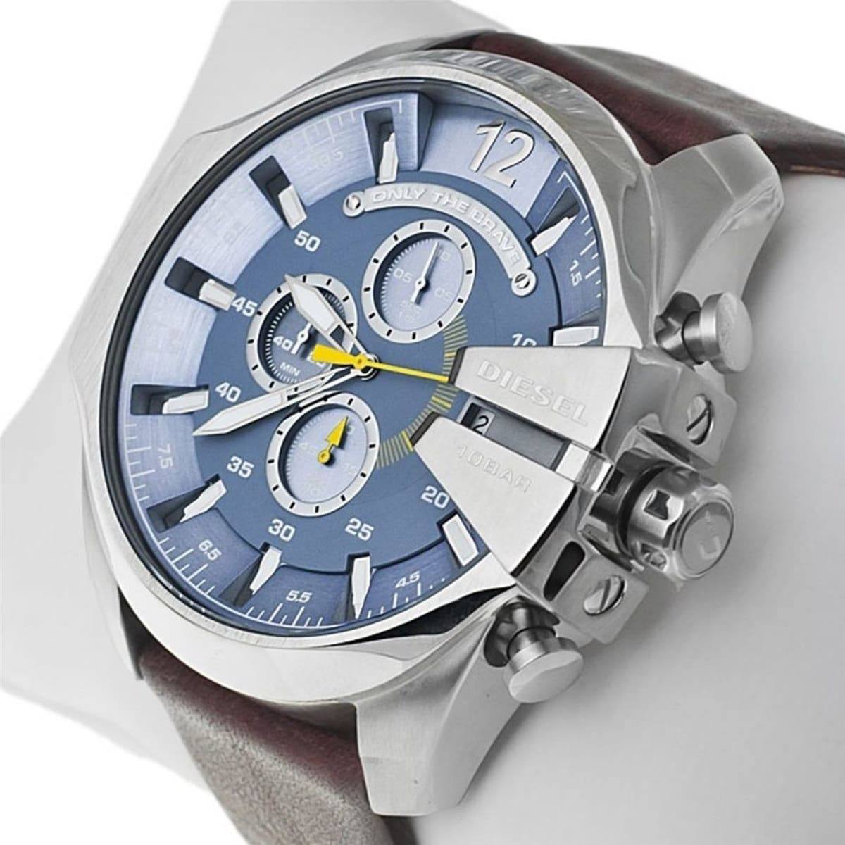 Diesel Only The Brave Chronograph Blue Dial Brown Leather Watch