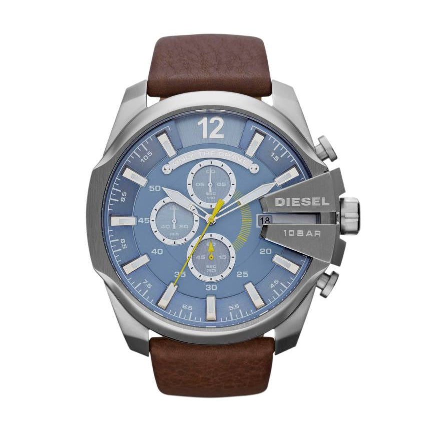 Diesel Only The Brave Chronograph Blue Dial Brown Leather Watch