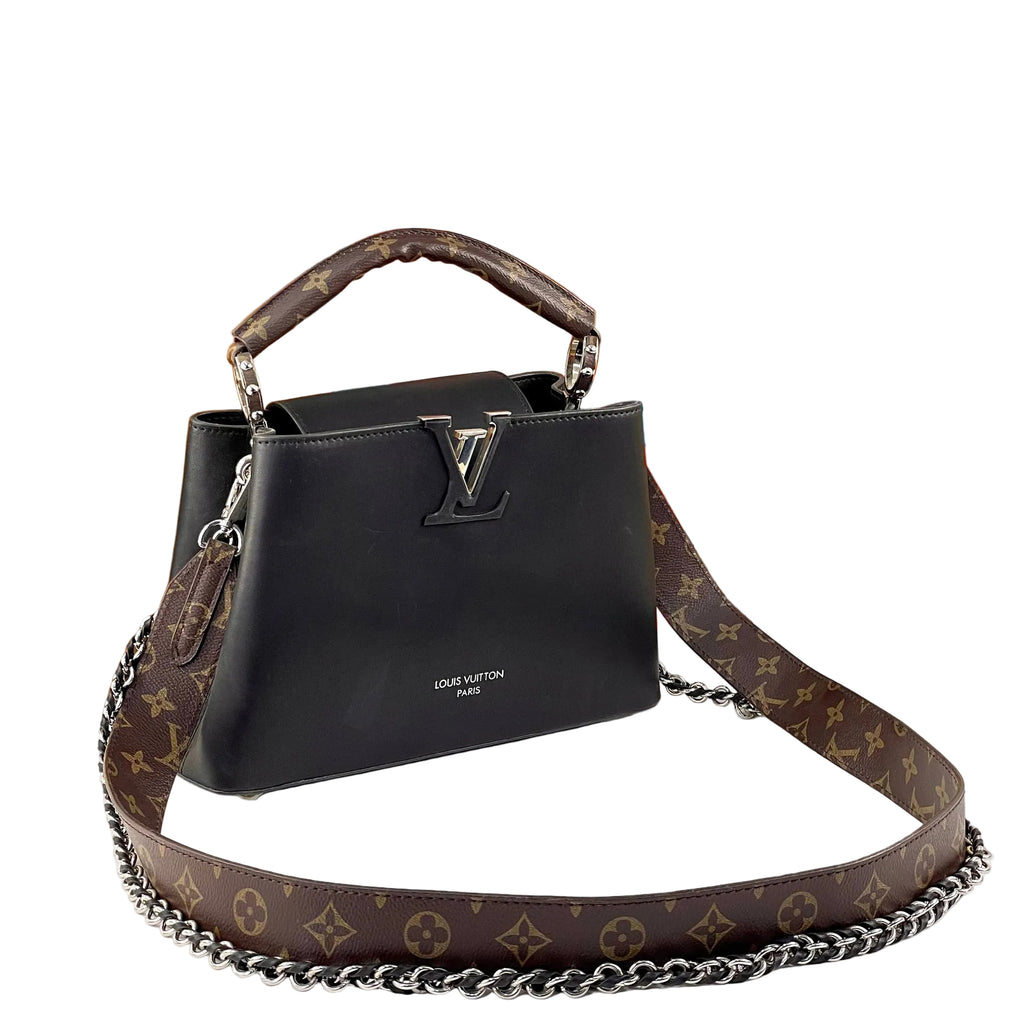 Louis Vuitton Capucines-Style Black Leather Handbag with Monogram Strap 👜🖤✨
