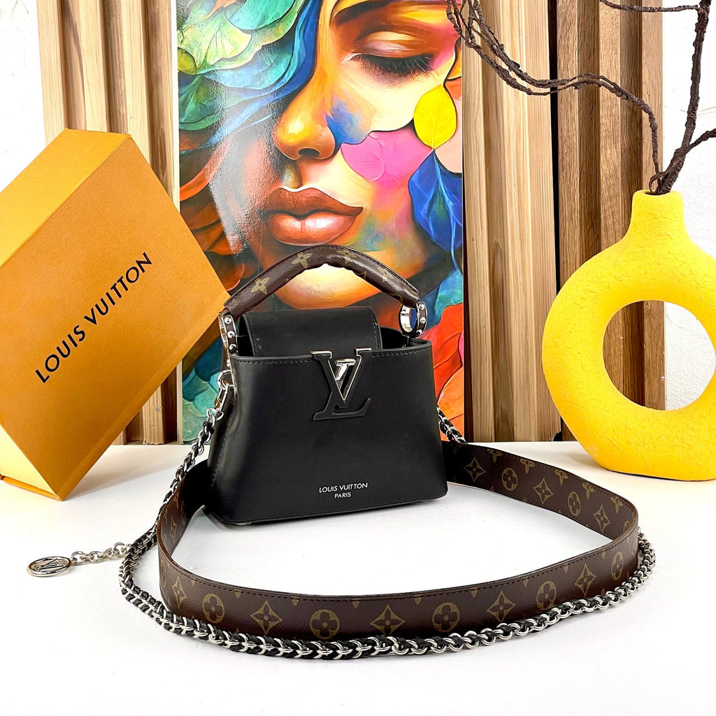 Louis Vuitton Capucines-Style Black Leather Handbag with Monogram Strap 👜🖤✨