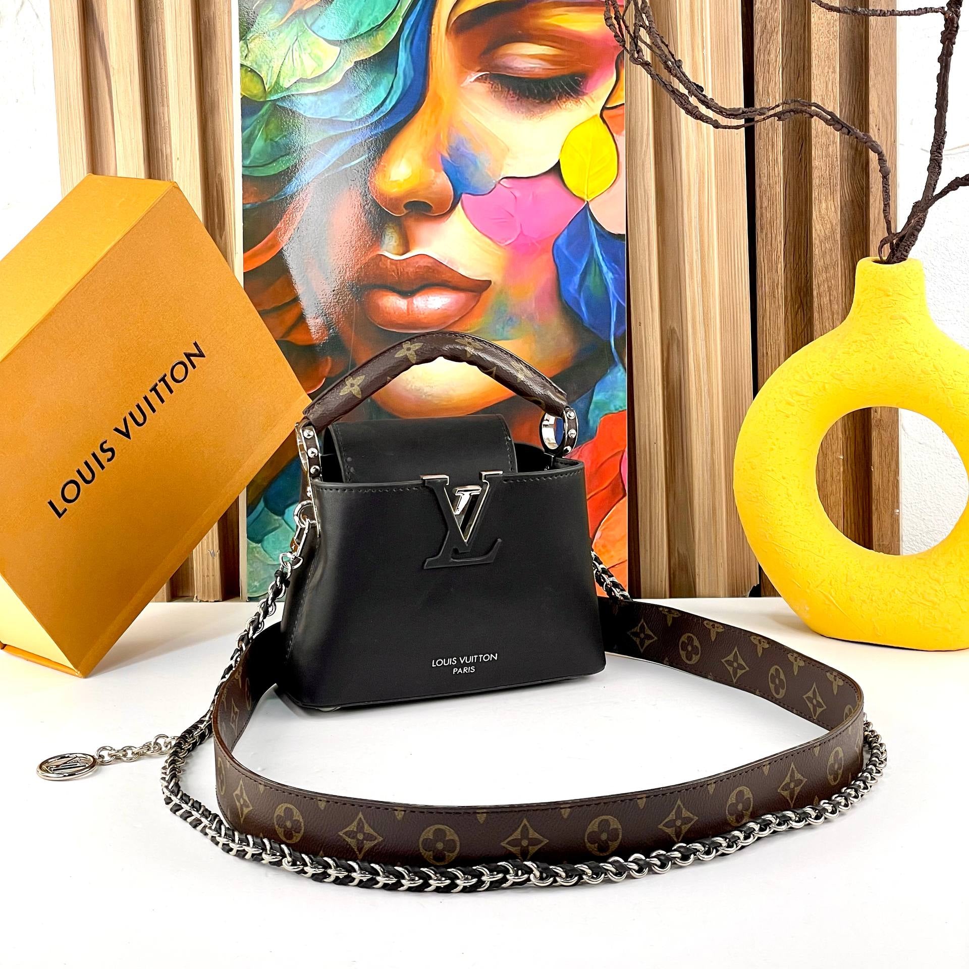 Louis Vuitton Capucines-Style Black Leather Handbag with Monogram Strap 👜🖤✨