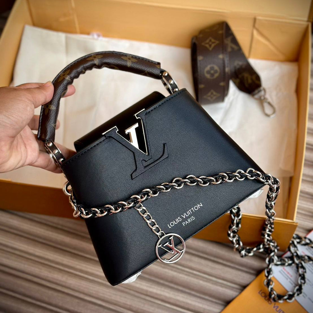 Louis Vuitton Capucines-Style Black Leather Handbag with Monogram Strap 👜🖤✨