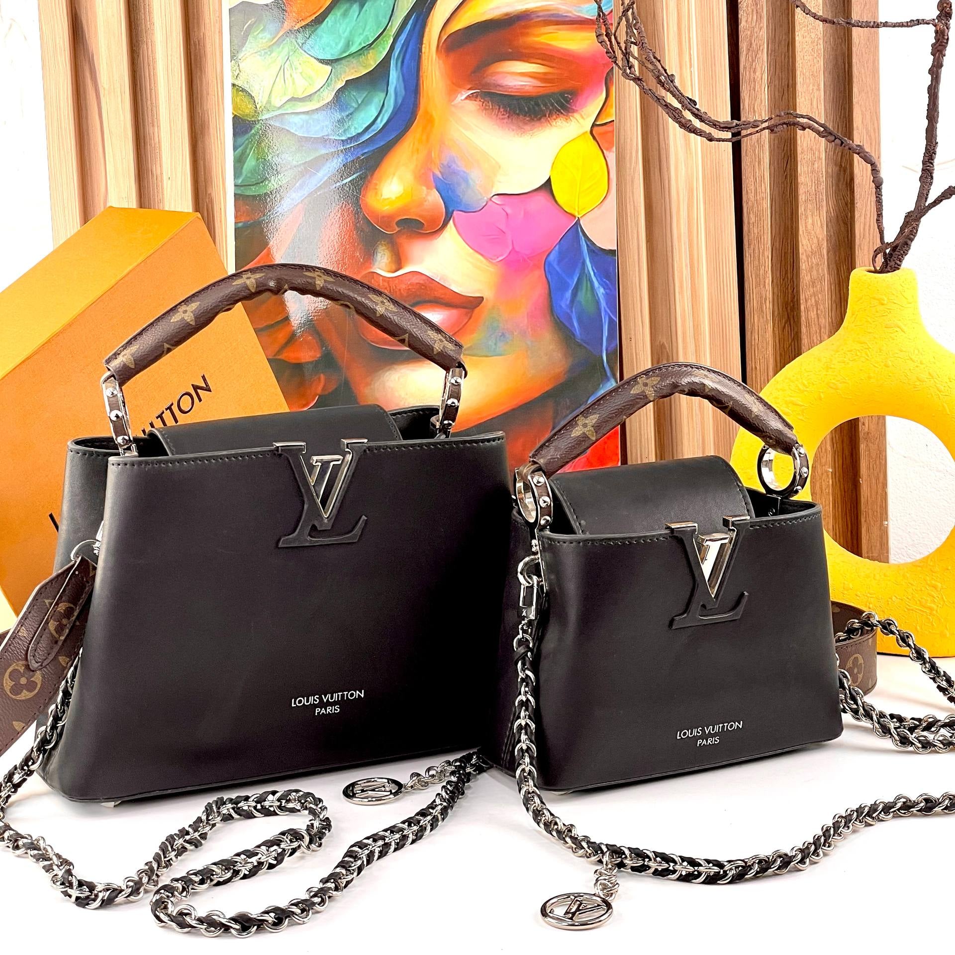Louis Vuitton Capucines-Style Black Leather Handbag with Monogram Strap 👜🖤✨