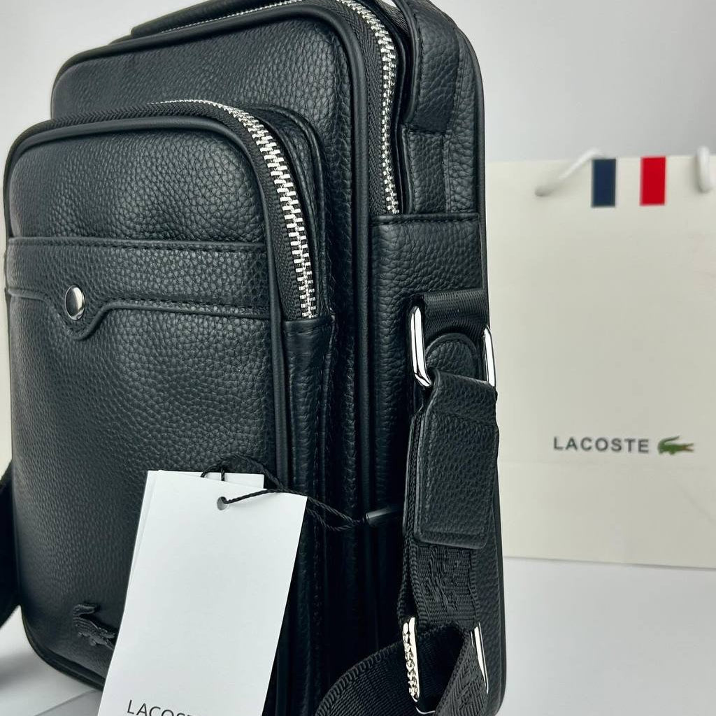 Lacoste Textured Leather Crossbody Bag in Classic Black 🐊💼