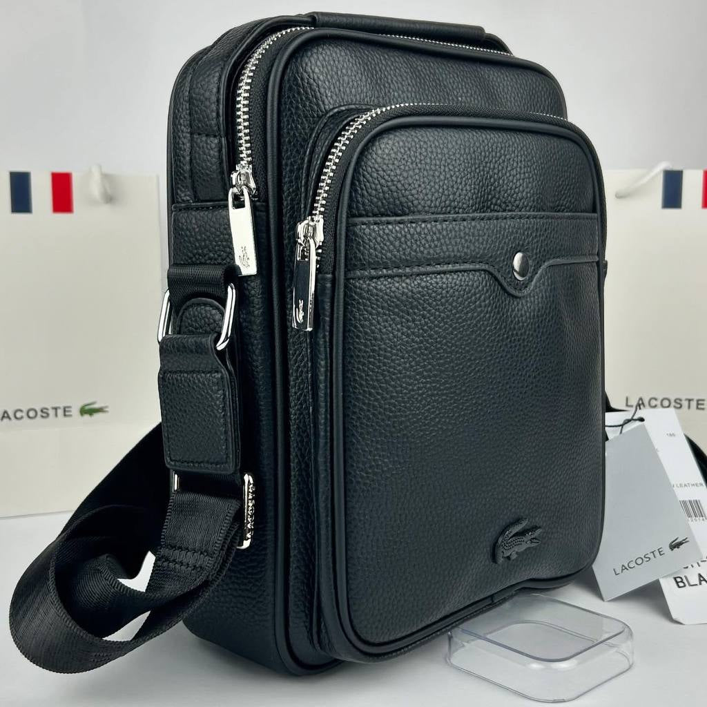 Lacoste Textured Leather Crossbody Bag in Classic Black 🐊💼