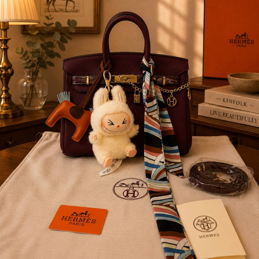 Elegant Hermes Style Handbag with Labubu Charm and Scarf Set 👜✨