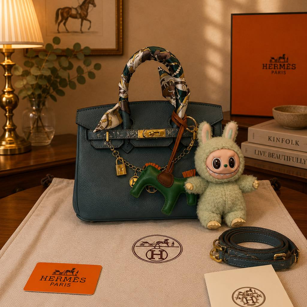 Elegant Hermes Style Handbag with Labubu Charm and Scarf Set 👜✨