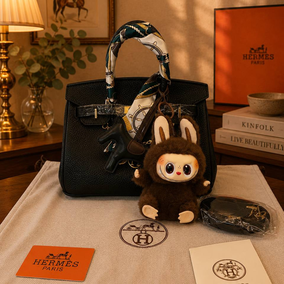 Elegant Hermes Style Handbag with Labubu Charm and Scarf Set 👜✨