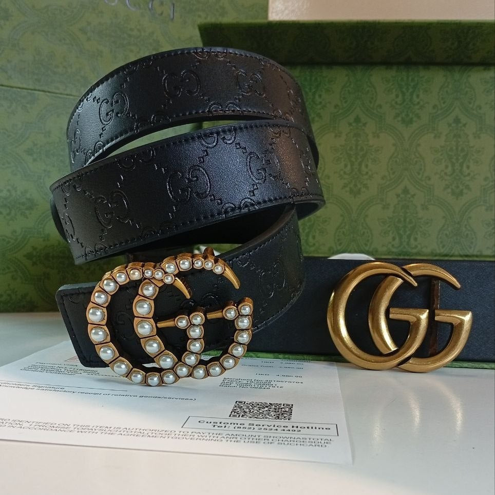 Luxury Black Leather Belt Set with Interchangeable GG Buckles 🖤✨