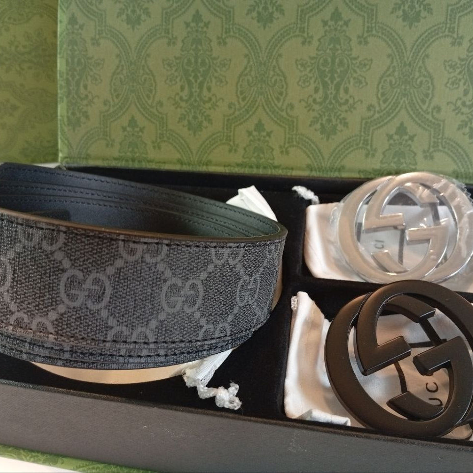 Luxury Black Leather Belt Set with Interchangeable GG Buckles 🖤✨