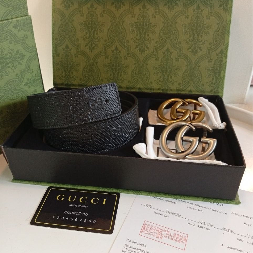 Luxury Black Leather Belt Set with Interchangeable GG Buckles 🖤✨
