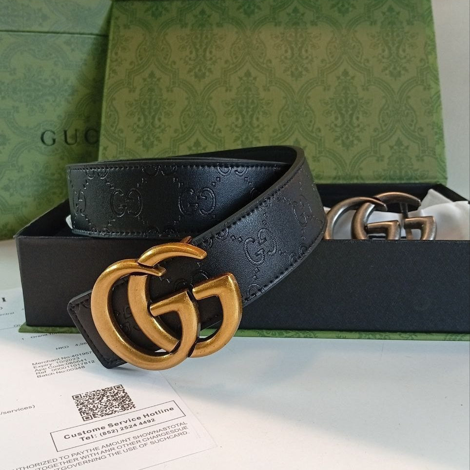 Luxury Black Leather Belt Set with Interchangeable GG Buckles 🖤✨