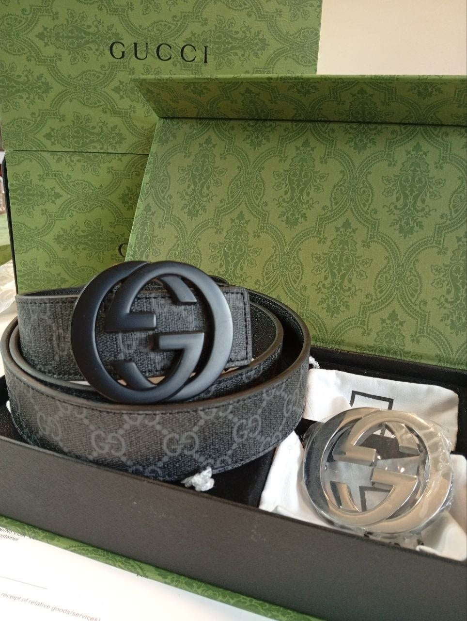 Luxury Black Leather Belt Set with Interchangeable GG Buckles 🖤✨