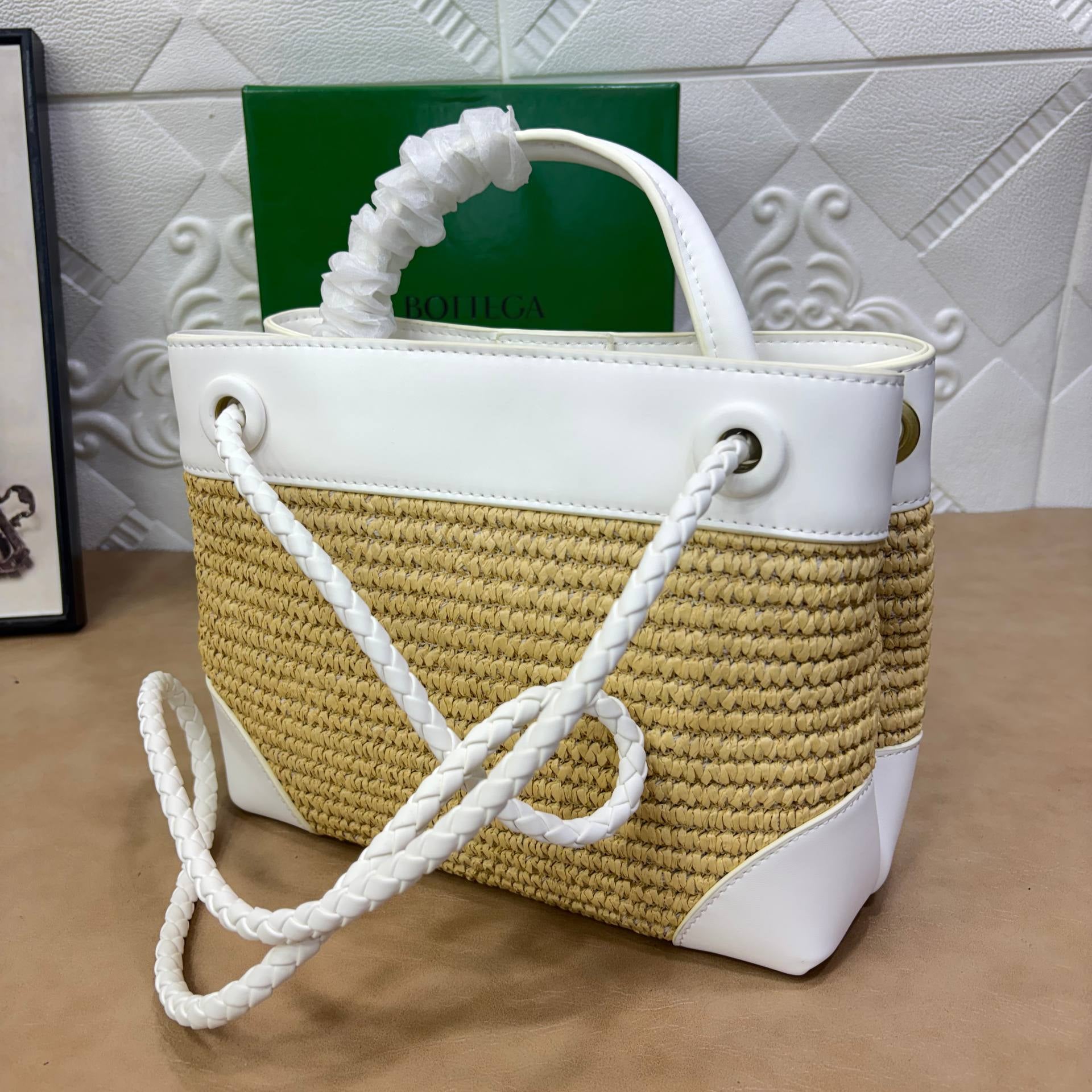Bottega Veneta Straw & Leather Woven Handbag with Gold Hardware 👜✨