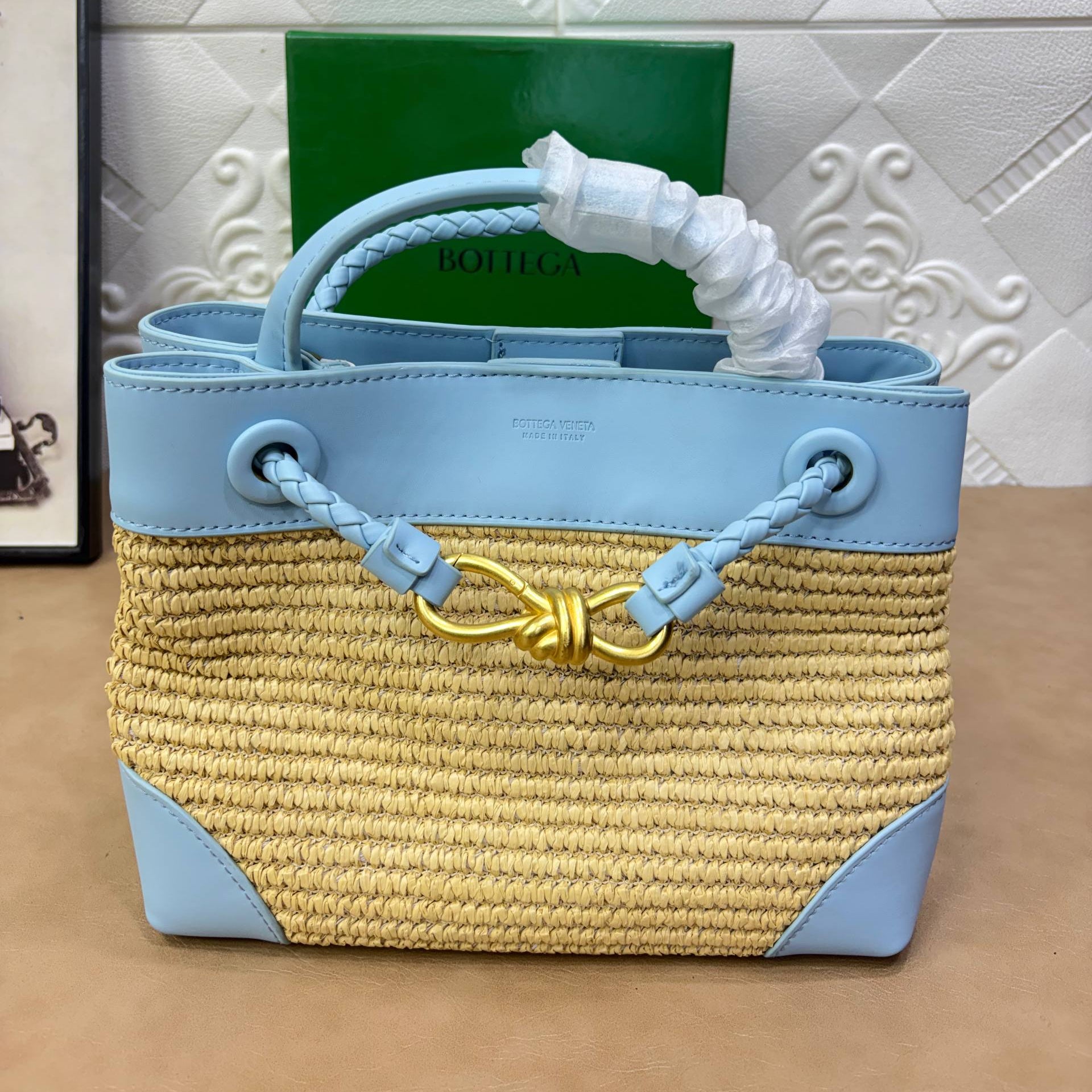 Bottega Veneta Straw & Leather Woven Handbag with Gold Hardware 👜✨
