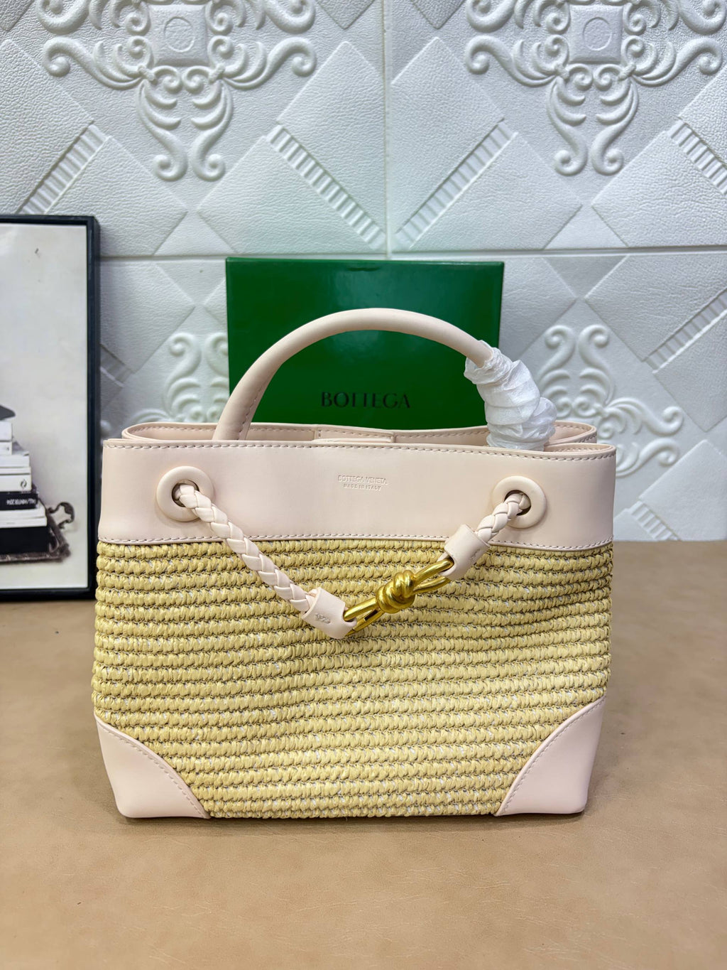 Bottega Veneta Straw & Leather Woven Handbag with Gold Hardware 👜✨