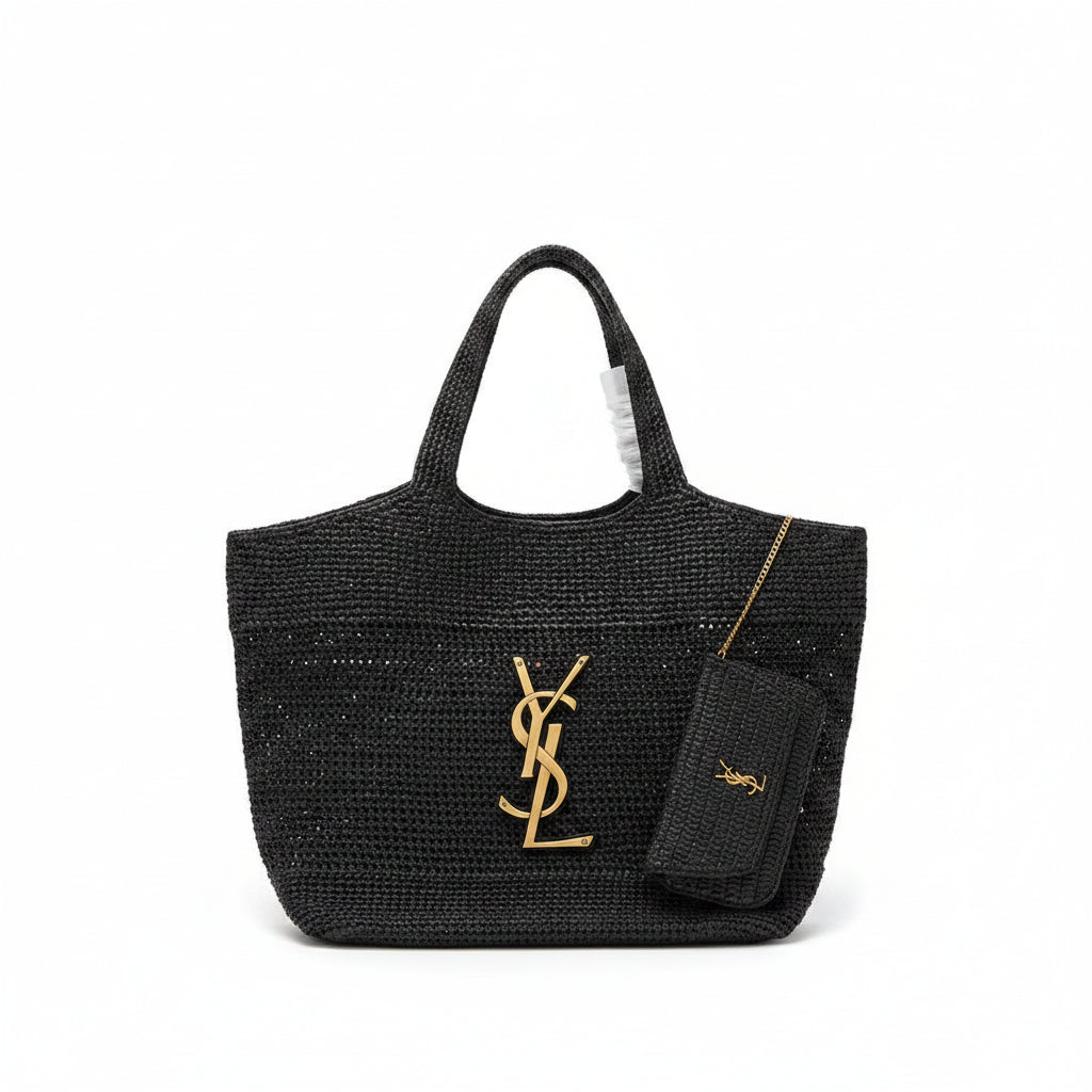 YSL Woven Raffia Tote Bag with Detachable Pouch 👜✨
