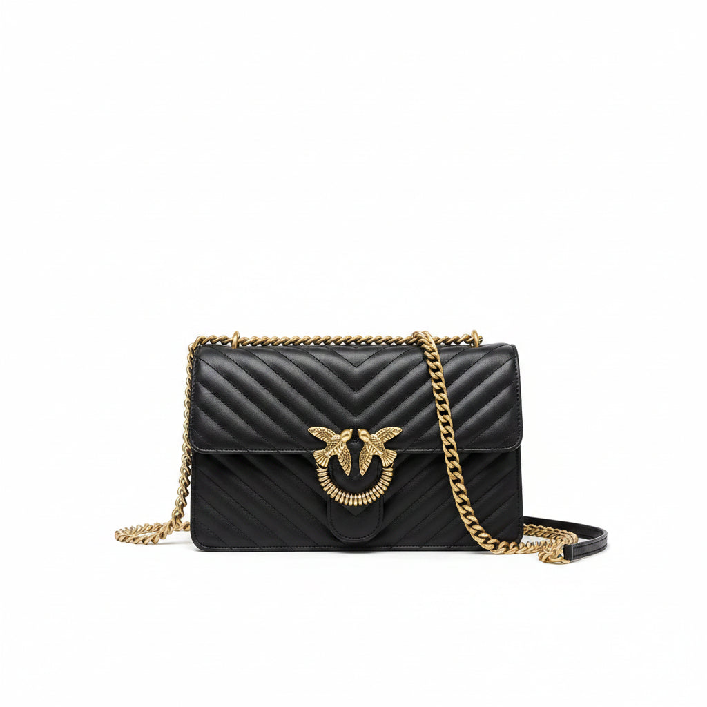 PINKO Quilted Shoulder Bag in Black with Gold Tone Hardware