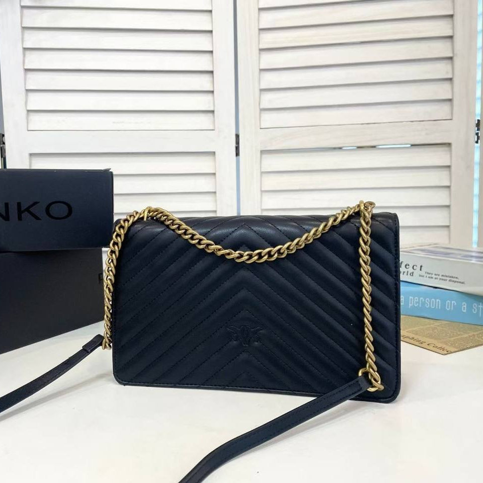 PINKO Quilted Shoulder Bag in Black with Gold Tone Hardware