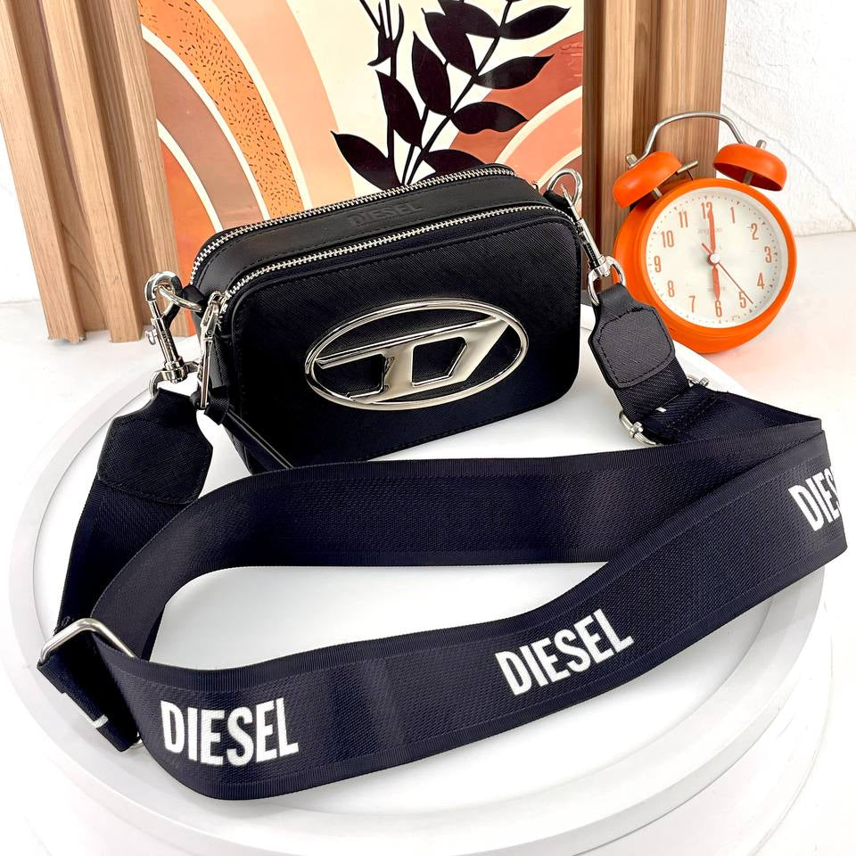 Diesel Black Metal Logo Crossbody Bag