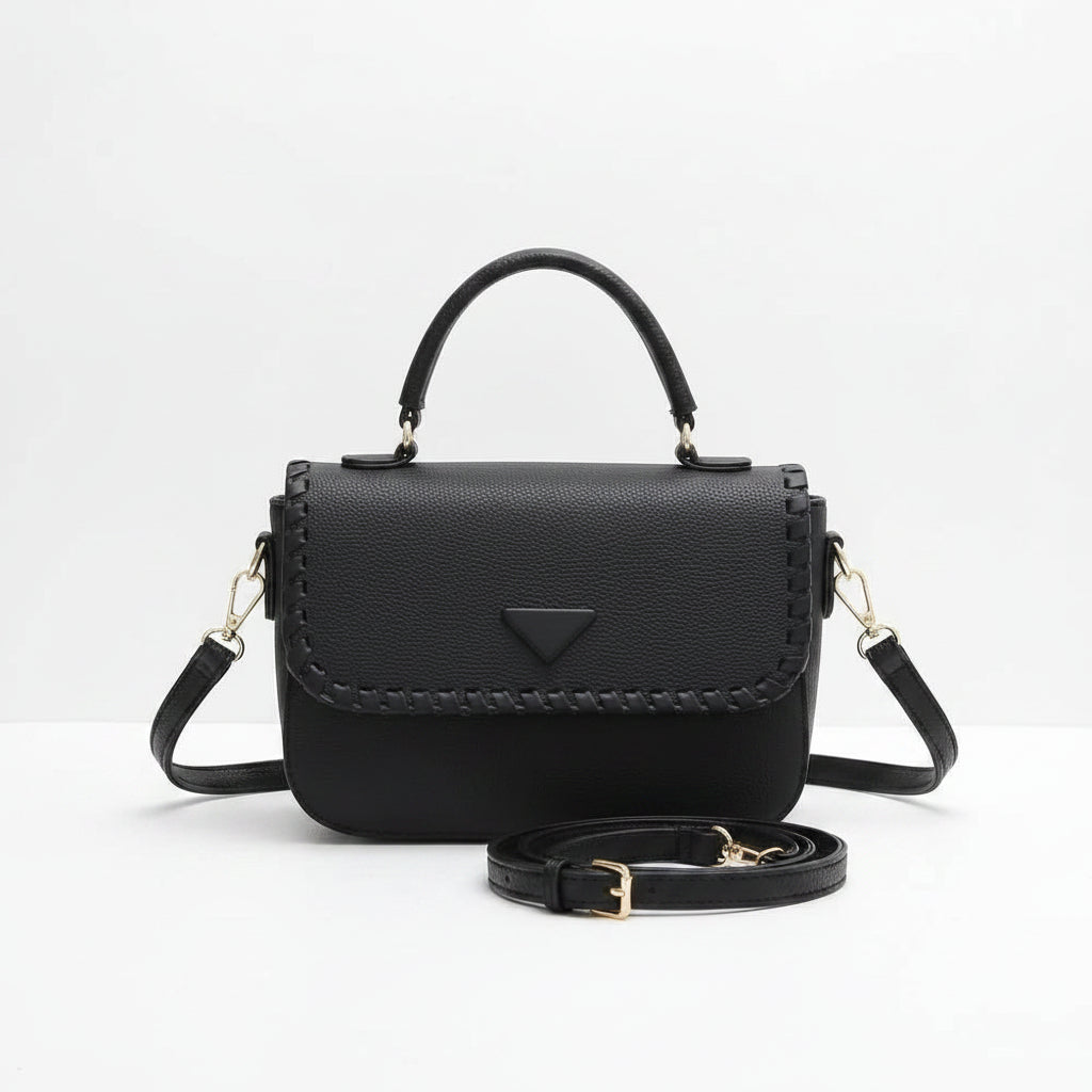 Stitched Flap Top Handle Handbag in Classic Black