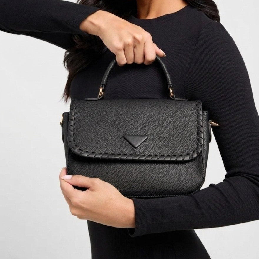 Stitched Flap Top Handle Handbag in Classic Black