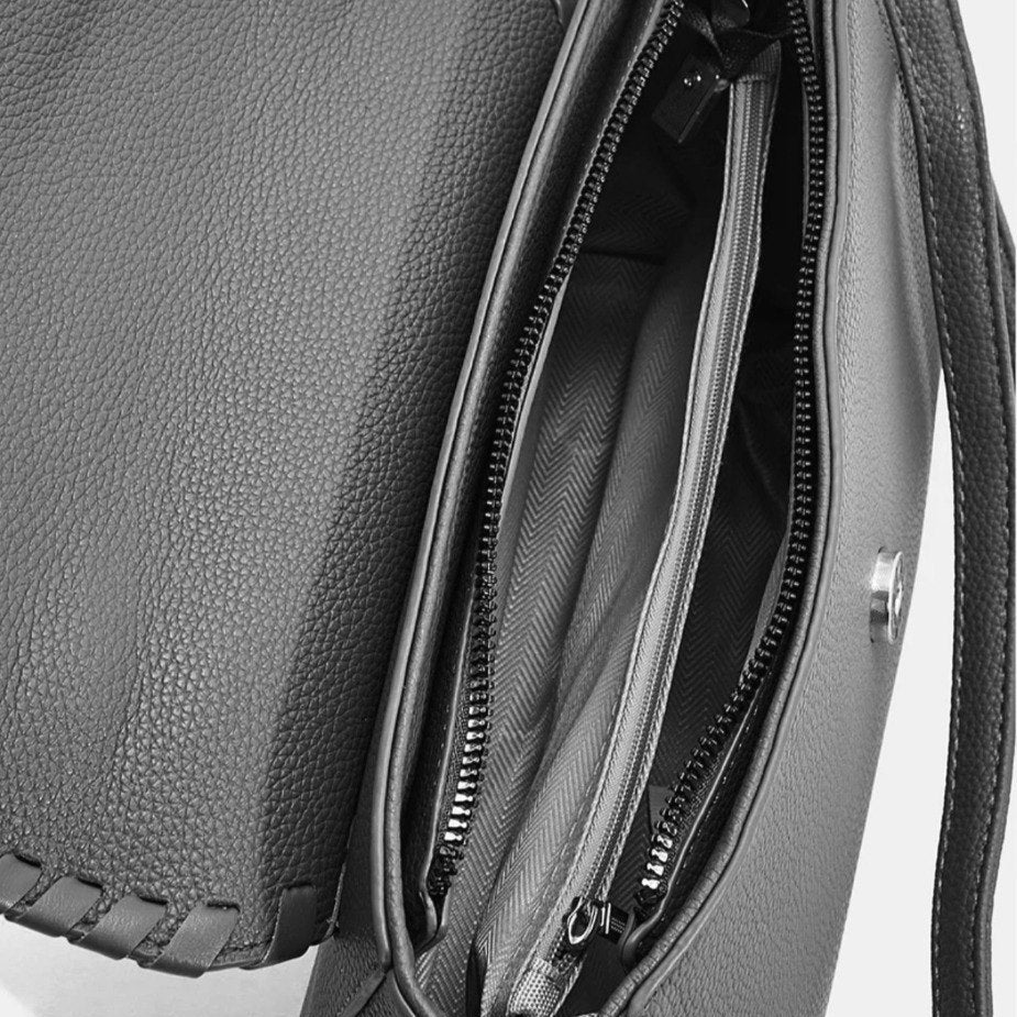 Stitched Flap Top Handle Handbag in Classic Black
