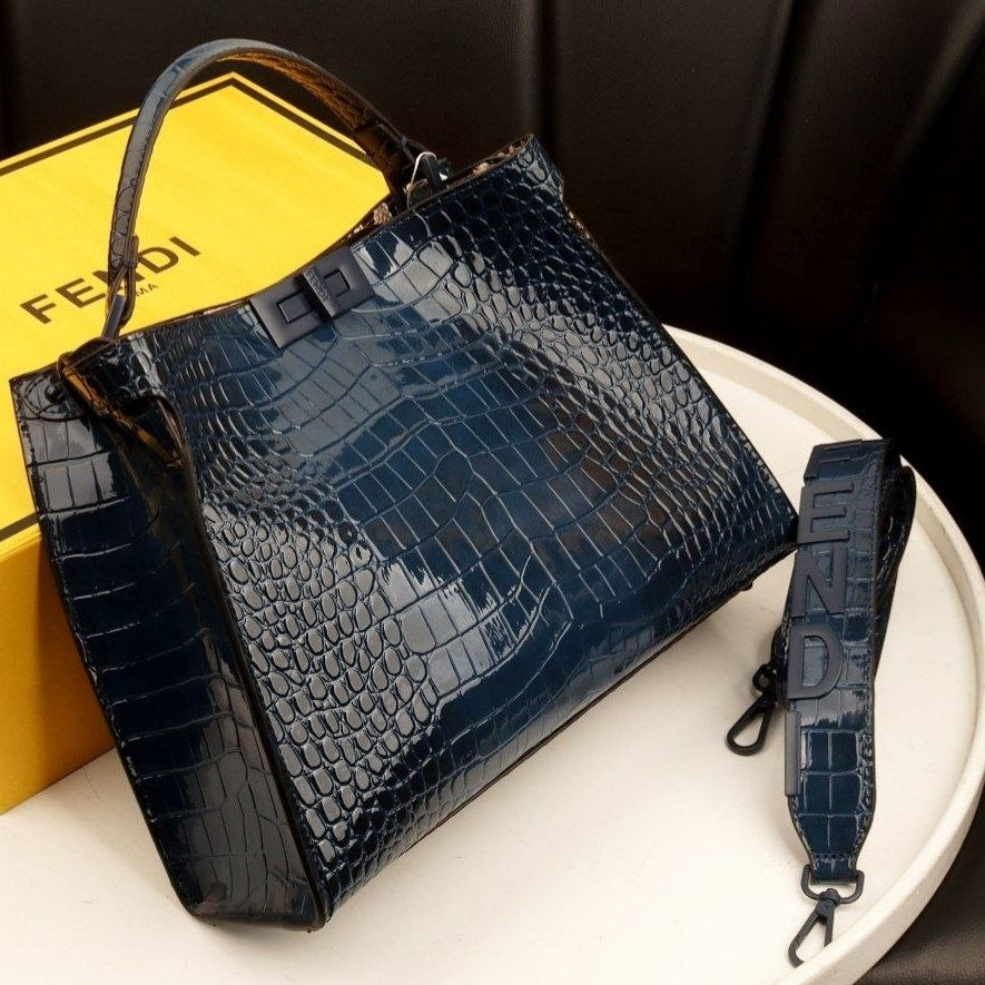 Fendi Glossy Crocodile Embossed Leather Bag in Dark Blue