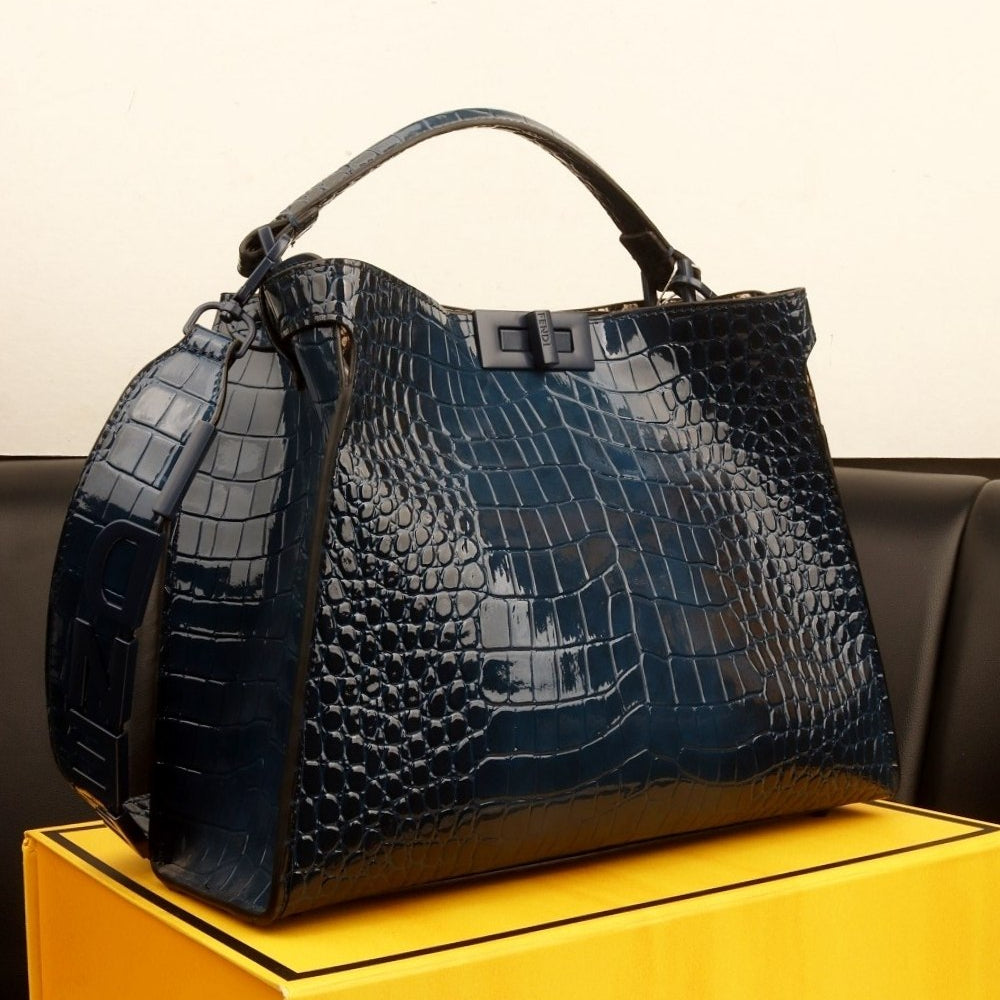 Fendi Glossy Crocodile Embossed Leather Bag in Dark Blue