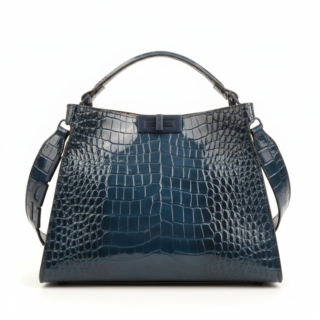 Fendi Glossy Crocodile Embossed Leather Bag in Dark Blue