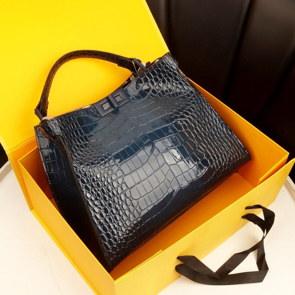 Fendi Glossy Crocodile Embossed Leather Bag in Dark Blue