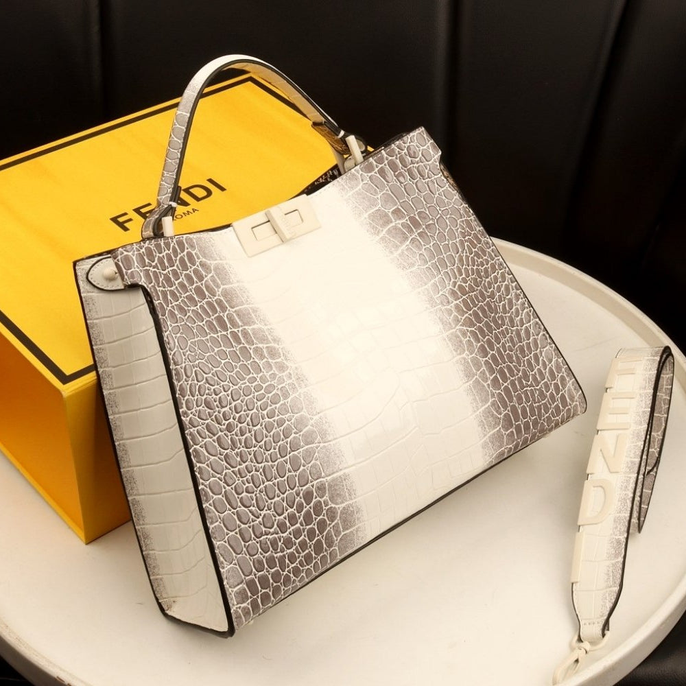 Fendi Glossy Crocodile Embossed Leather Bag in Dark Blue