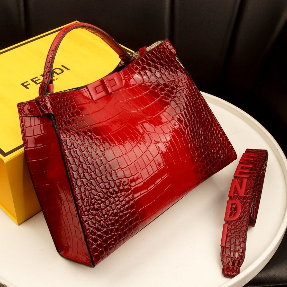 Fendi Glossy Crocodile Embossed Leather Bag in Dark Blue