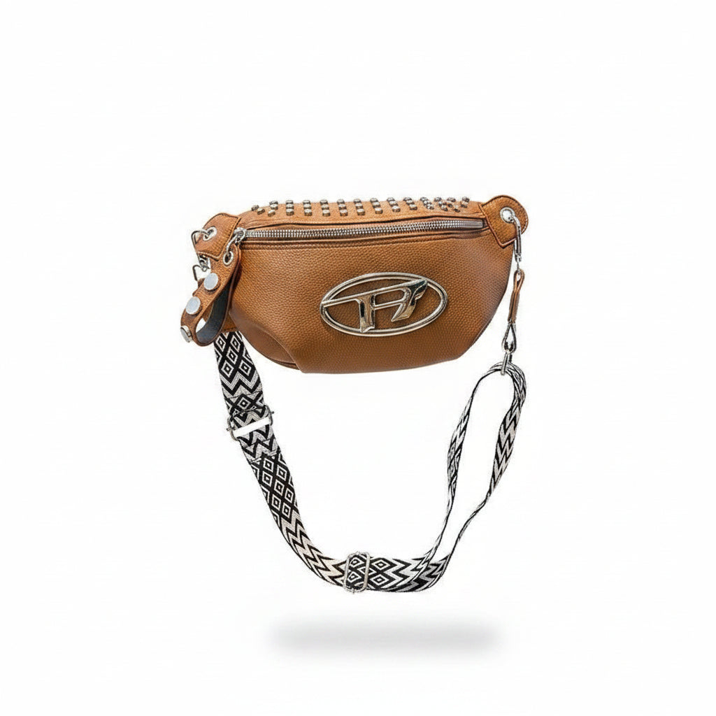 Studded Crossbody Bag with Patterned Strap and Metal Logo