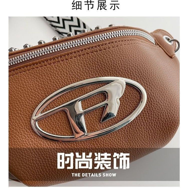 Studded Crossbody Bag with Patterned Strap and Metal Logo