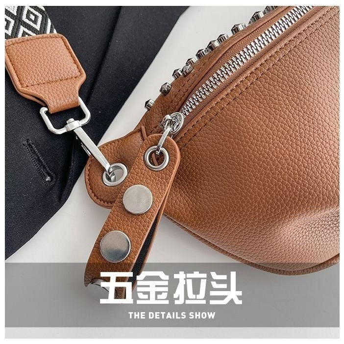 Studded Crossbody Bag with Patterned Strap and Metal Logo
