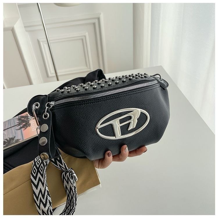 Studded Crossbody Bag with Patterned Strap and Metal Logo