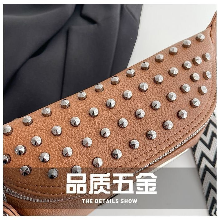 Studded Crossbody Bag with Patterned Strap and Metal Logo