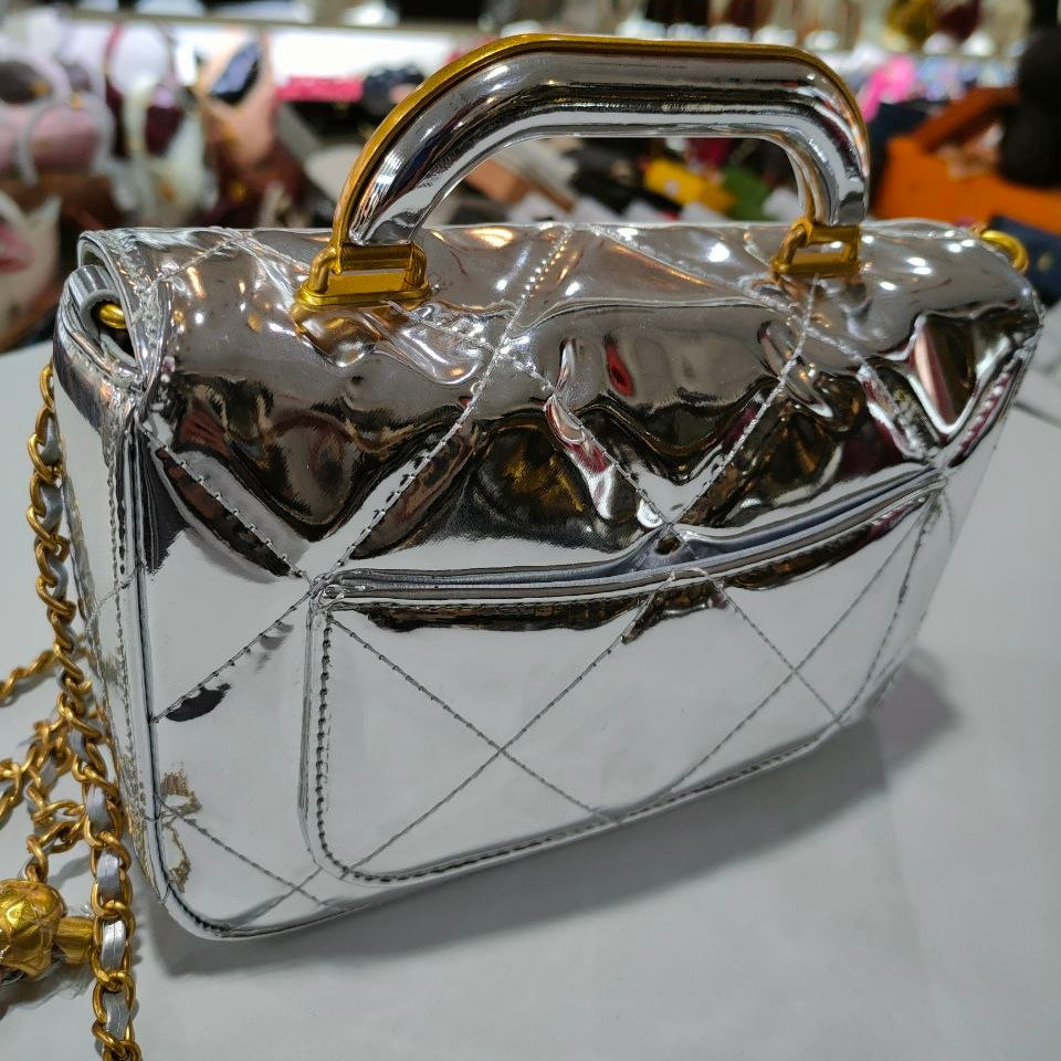 Quilted Patent Leather Top Handle Bag with Gold-Tone Chain
